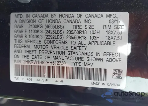 2017 Honda Cr-V Touring z USA, uszkodzony, nr VIN 2HKRW1H92HH512730